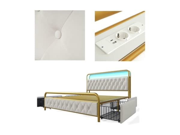 Kalustettu sänky Yhden hengen vuode latauksella USB-lataustoiminto LED-sängyn runko metallinen sängyn runko ja 2 laatikkoa, sametti (ilman patjaa)