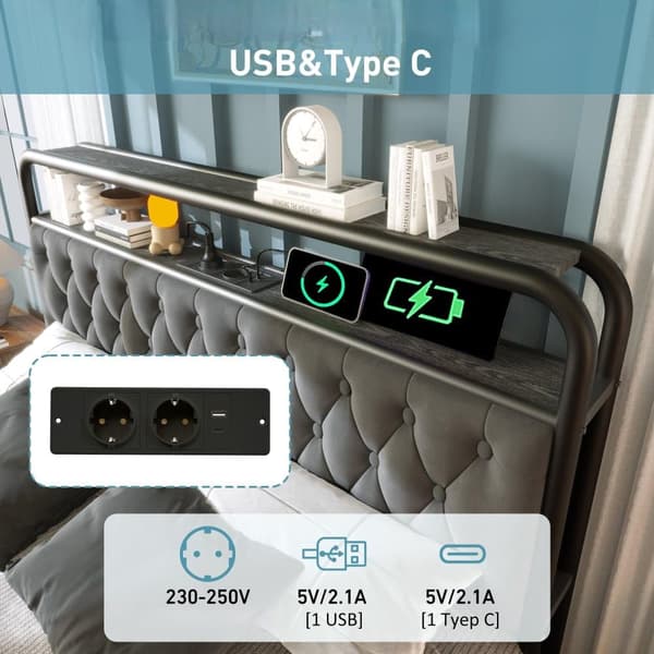 Møbleret seng Enkeltseng med opladning USB-opladningsfunktion LED sengeramme Metal sengeramme og 2 skuffer, fløjl (uden madras)
