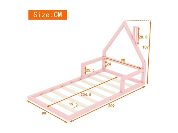 90*200cm barnsäng, platt säng, husform, massiv furu, enkel form