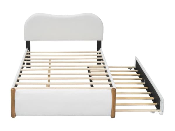 Flad seng, polstret, med praktisk udtrækssovesofa, minimalistisk design, hvid