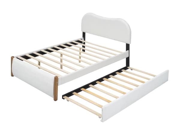 Flad seng, polstret, med praktisk udtrækssovesofa, minimalistisk design, hvid