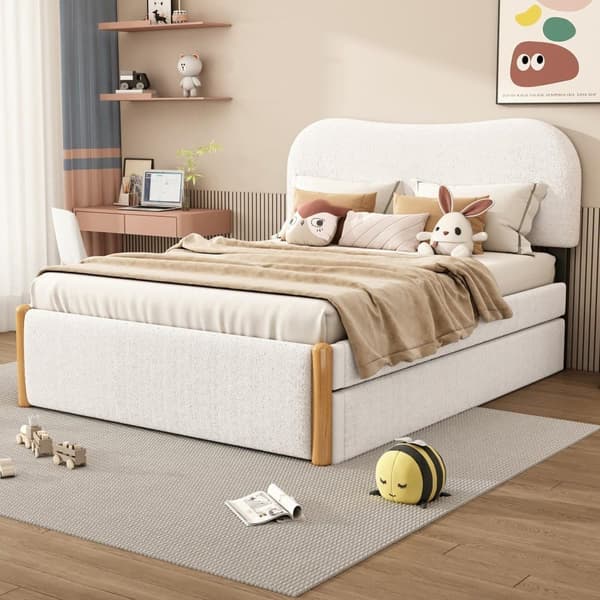 Flad seng, polstret, med praktisk udtrækssovesofa, minimalistisk design, hvid
