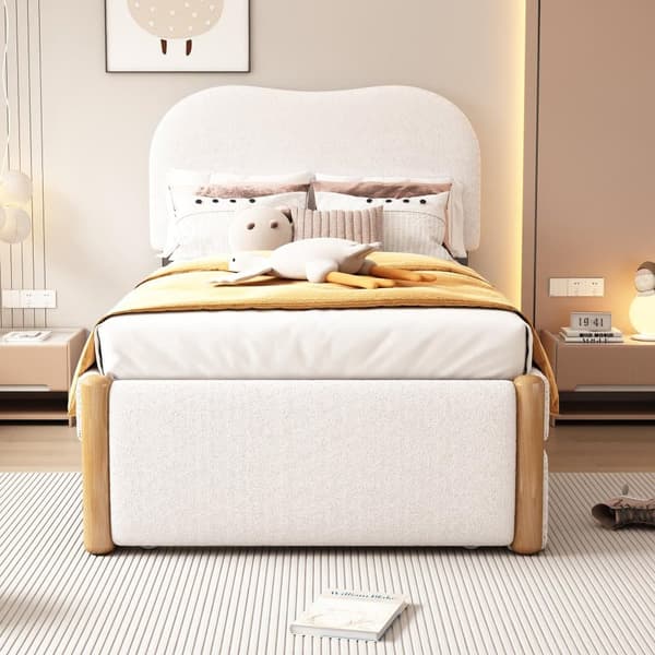 Flad seng, polstret, med praktisk udtrækssovesofa, minimalistisk design, hvid