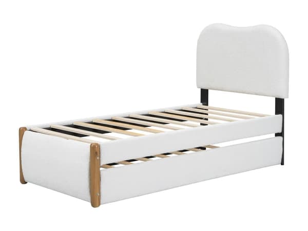 Flad seng, polstret, med praktisk udtrækssovesofa, minimalistisk design, hvid