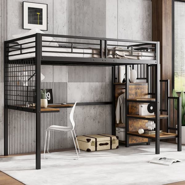 Køjeseng 90x200 cm - med skrivebord og garderobe - i jern og spånplade - Sort
