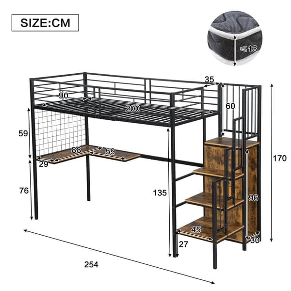 Køjeseng 90x200 cm - med skrivebord og garderobe - i jern og spånplade - Sort
