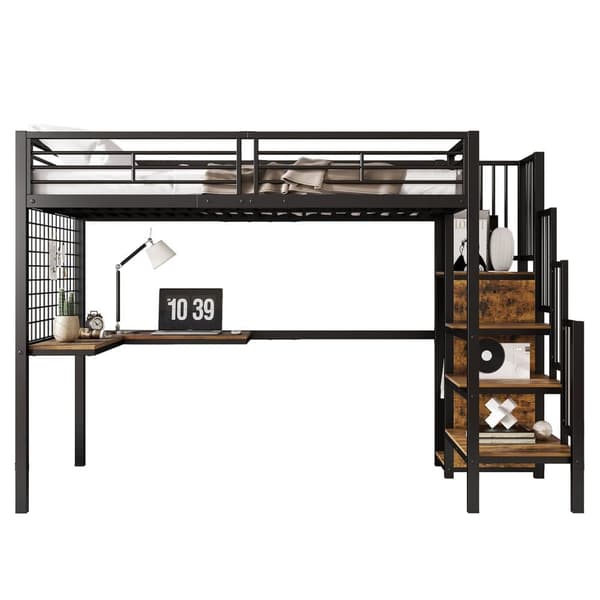 Køjeseng 90x200 cm - med skrivebord og garderobe - i jern og spånplade - Sort