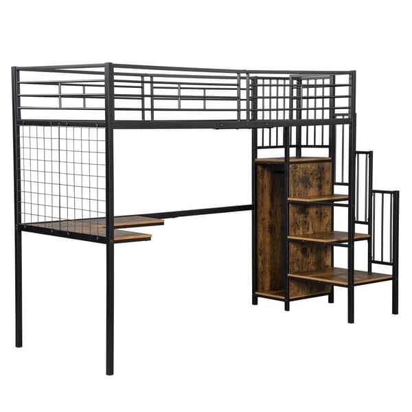 Køjeseng 90x200 cm - med skrivebord og garderobe - i jern og spånplade - Sort
