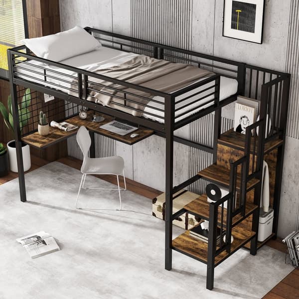 Køjeseng 90x200 cm - med skrivebord og garderobe - i jern og spånplade - Sort