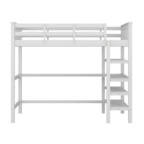Mezzanin seng 90x200cm i massivt fyrretræ med skrivebord og opbevaringshylde - hvid