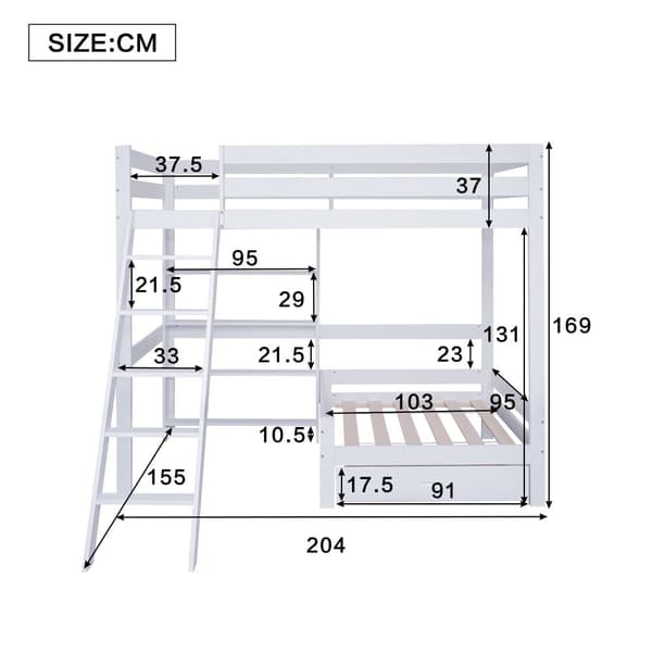 Mezzanine-säng med soffa + hylla + stege - fururam - 90x200cm - Vit