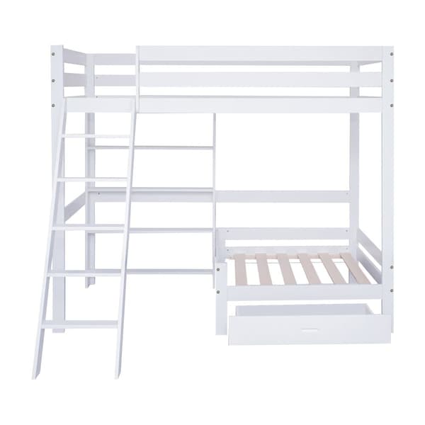 Mezzanine-säng med soffa + hylla + stege - fururam - 90x200cm - Vit
