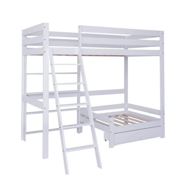 Mezzanine-säng med soffa + hylla + stege - fururam - 90x200cm - Vit