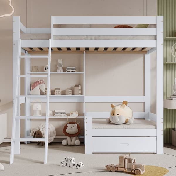 Mezzanin seng med sofa + hylde + stige - fyrretræsramme - 90x200cm - hvid