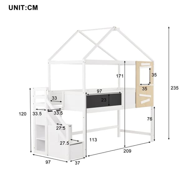 Mezzaninsäng 90x200cm med förvaringstrappa (3 lådor) i massivt trä - Vit