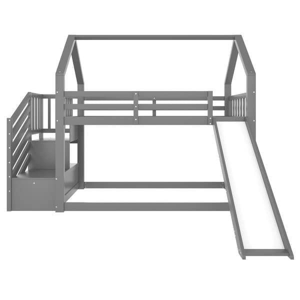 90x200cm våningssäng i furu - med skenor + förvaringstrappa + rutschkana - Grå