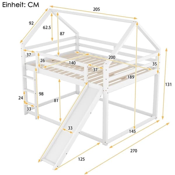 Cabane Køjeseng med Rutsjebane og Stige - 140x200cm - Massiv Fyrretræsramme - Hvid
