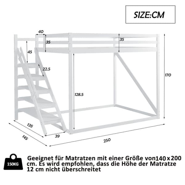 Køjeseng 140x200 cm lavet af massivt fyrretræ - med trappe og stige - grå