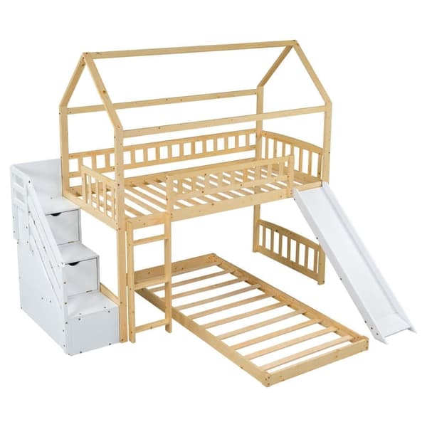 Kerrossänky massiivipuusta 2x90x200cm - säilytystikkailla ja liukumäellä - Pohjalevy - Natural