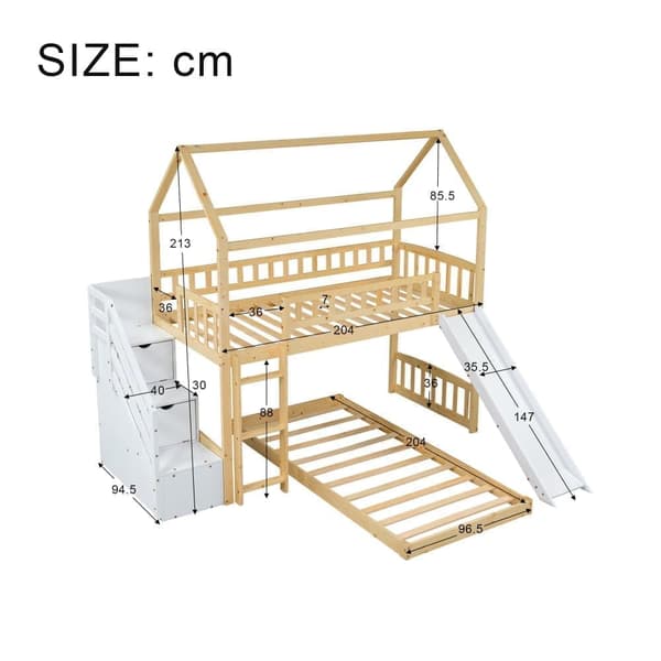Kerrossänky massiivipuusta 2x90x200cm - säilytystikkailla ja liukumäellä - Pohjalevy - Natural