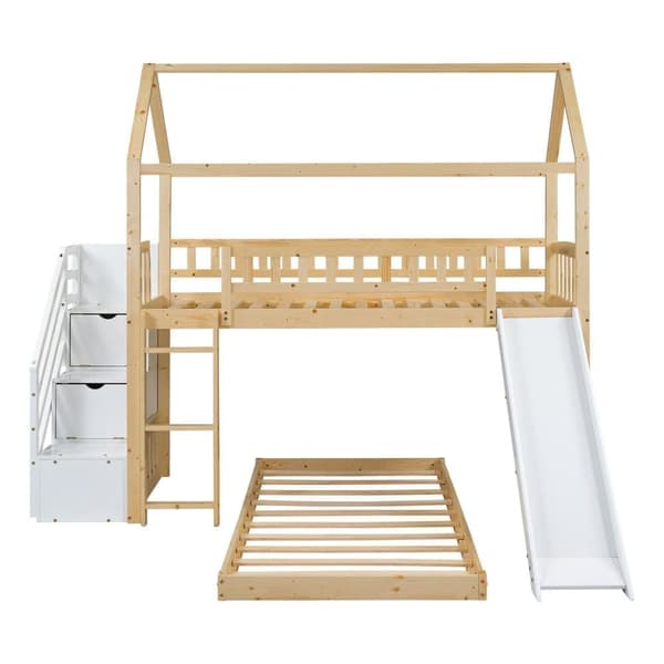 Kerrossänky massiivipuusta 2x90x200cm - säilytystikkailla ja liukumäellä - Pohjalevy - Natural