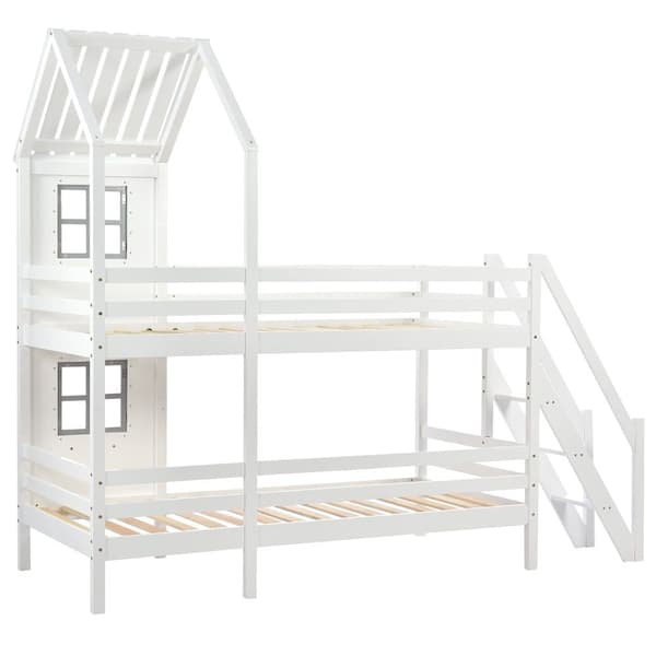 Cabane våningssäng med glid- och lamellbotten - 90x200cm - massiv furu - Vit