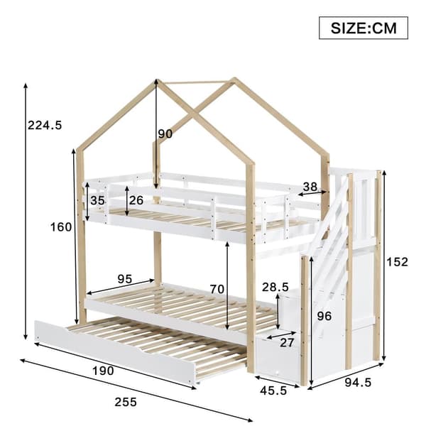 Våningssäng 90x200cm + underbädd 90x190cm - barns våningssäng med förvaringsstege - massiv furu - Vit