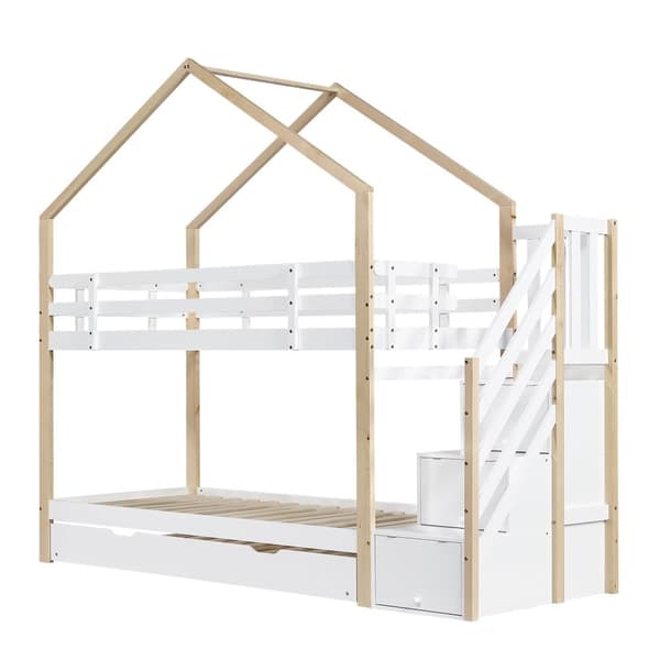 Våningssäng 90x200cm + underbädd 90x190cm - barns våningssäng med förvaringsstege - massiv furu - Vit