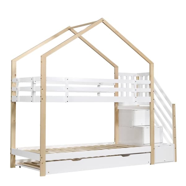 Våningssäng 90x200cm + underbädd 90x190cm - barns våningssäng med förvaringsstege - massiv furu - Vit
