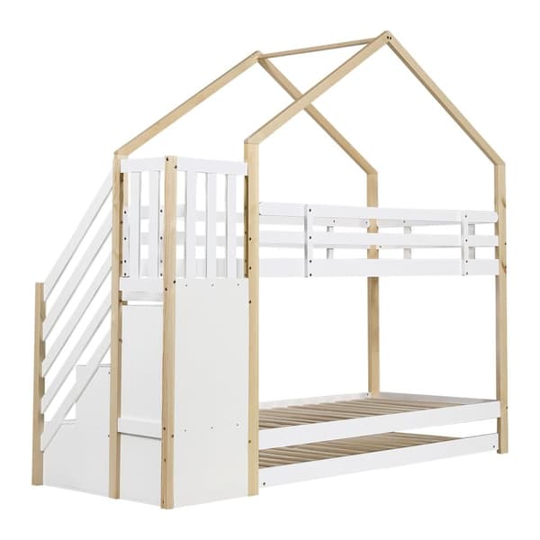 Våningssäng 90x200cm + underbädd 90x190cm - barns våningssäng med förvaringsstege - massiv furu - Vit