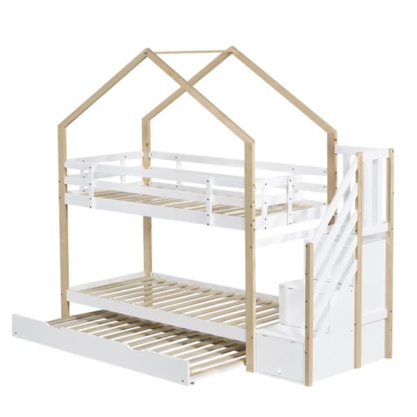 Våningssäng 90x200cm + underbädd 90x190cm - barns våningssäng med förvaringsstege - massiv furu - Vit