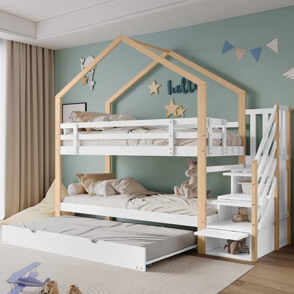 Våningssäng 90x200cm + underbädd 90x190cm - barns våningssäng med förvaringsstege - massiv furu - Vit