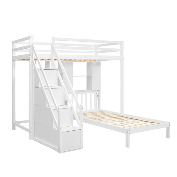 Massiv Fyrretræ Køjeseng - 90x200cm - med Opbevaringstrapper、Skrivebord、Hylder og lamelbund - Hvid