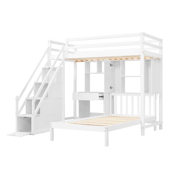 Massiv Fyrretræ Køjeseng - 90x200cm - med Opbevaringstrapper、Skrivebord、Hylder og lamelbund - Hvid