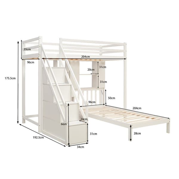 Massiv Fyrretræ Køjeseng - 90x200cm - med Opbevaringstrapper、Skrivebord、Hylder og lamelbund - Hvid