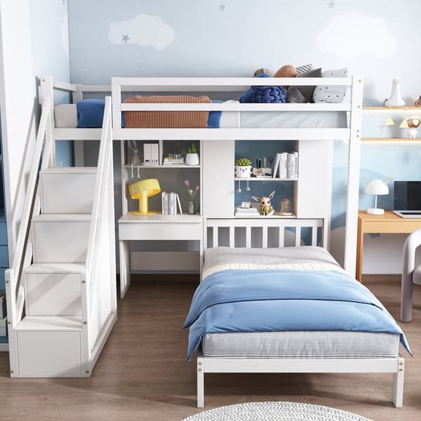 Massiv Fyrretræ Køjeseng - 90x200cm - med Opbevaringstrapper、Skrivebord、Hylder og lamelbund - Hvid