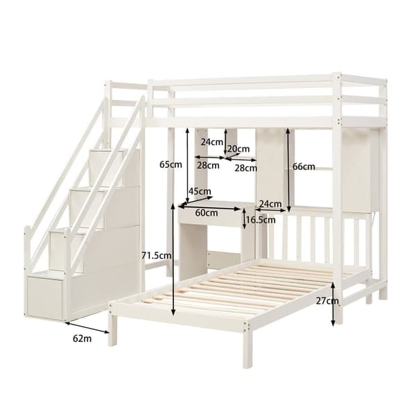Massiv Fyrretræ Køjeseng - 90x200cm - med Opbevaringstrapper、Skrivebord、Hylder og lamelbund - Hvid