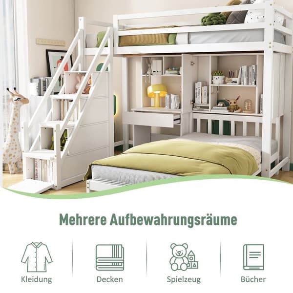 Massiv Fyrretræ Køjeseng - 90x200cm - med Opbevaringstrapper、Skrivebord、Hylder og lamelbund - Hvid
