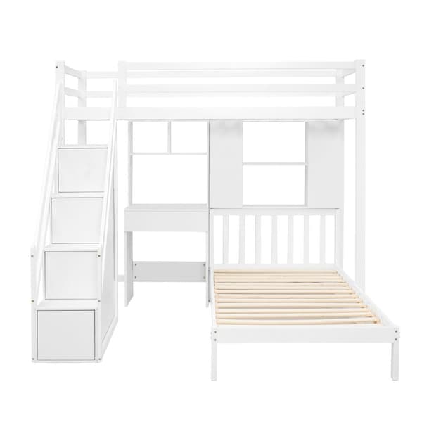 Massiv Fyrretræ Køjeseng - 90x200cm - med Opbevaringstrapper、Skrivebord、Hylder og lamelbund - Hvid