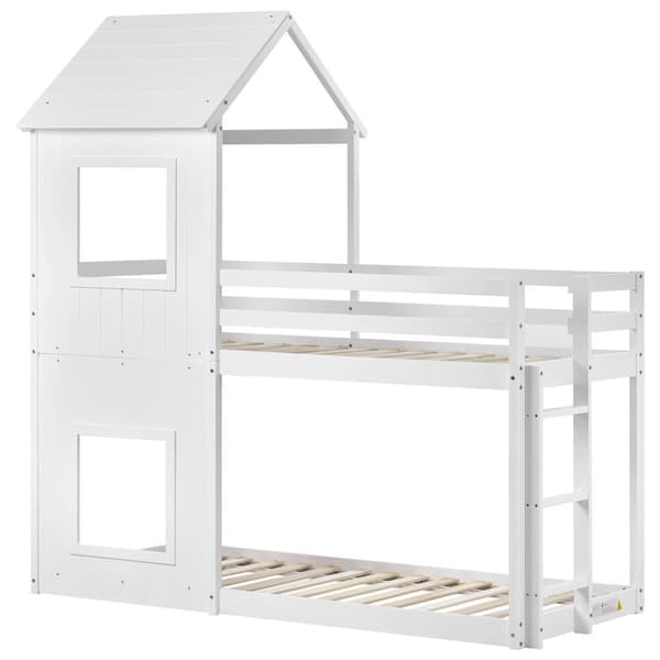 Våningssäng 90 x 200 cm - massiv furu - med 2 fönster - vit