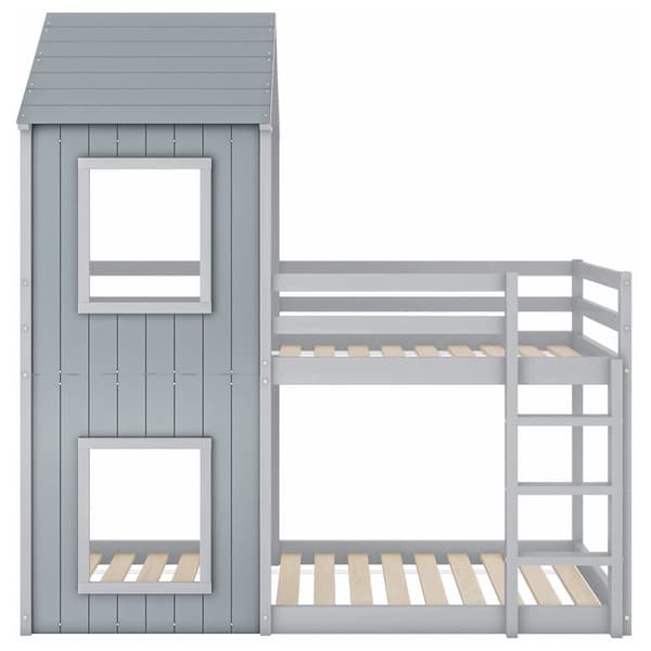 Køjeseng 90 x 200 cm - massivt fyrretræ - med 2 vinduer - grå