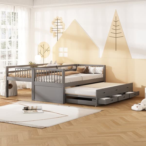 Køjeseng 90x200cm - med sovesofa og 3 skuffer - massivt fyrretræ og MDF - Grå