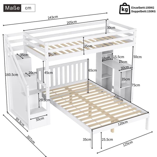 Lasten kerrossänky 90x200 cm + 120x200 cm - säilytystikkailla ja pöydällä - massiivipuu ja MDF - valkoinen