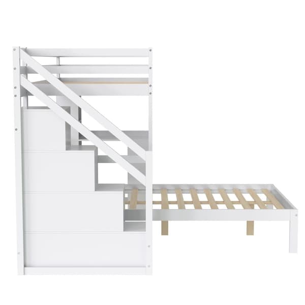 Lasten kerrossänky 90x200 cm + 120x200 cm - säilytystikkailla ja pöydällä - massiivipuu ja MDF - valkoinen