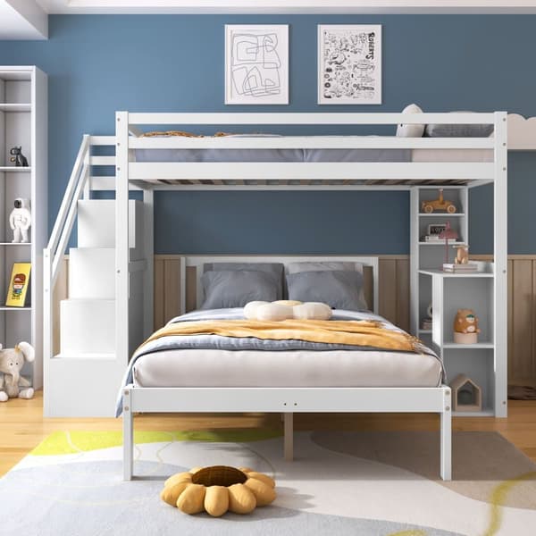 Våningssäng för barn 90x200 cm + 120x200 cm - med förvaringsstege och skrivbord - massivt trä och MDF - Vit