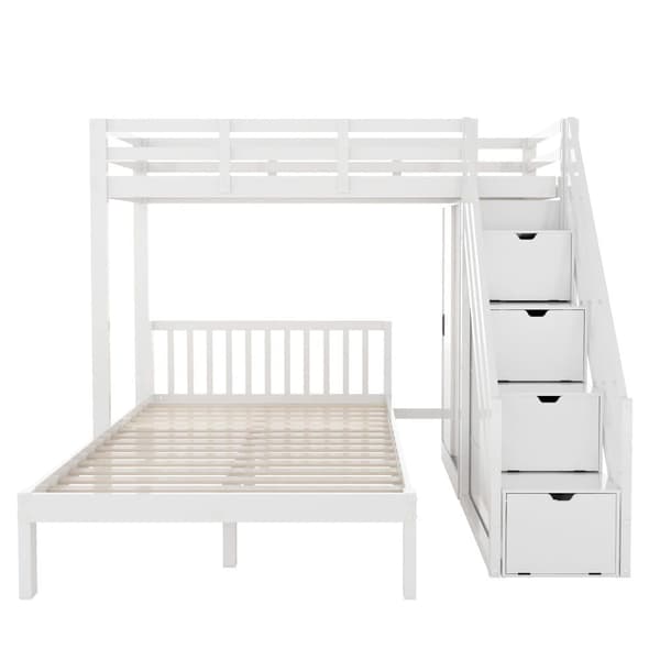 Våningssäng för barn 90x200 cm + 120x200 cm - med garderob och förvaringsstege - massivt trä och MDF - Vit
