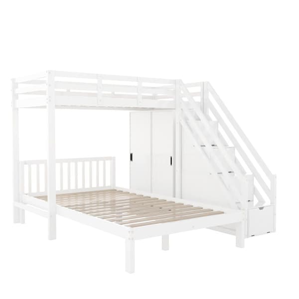 Våningssäng för barn 90x200 cm + 120x200 cm - med garderob och förvaringsstege - massivt trä och MDF - Vit