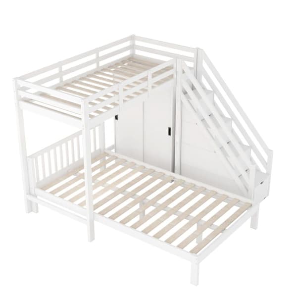 Våningssäng för barn 90x200 cm + 120x200 cm - med garderob och förvaringsstege - massivt trä och MDF - Vit