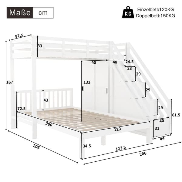 Våningssäng för barn 90x200 cm + 120x200 cm - med garderob och förvaringsstege - massivt trä och MDF - Vit