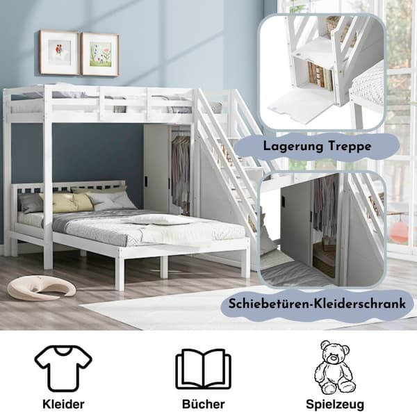 Våningssäng för barn 90x200 cm + 120x200 cm - med garderob och förvaringsstege - massivt trä och MDF - Vit